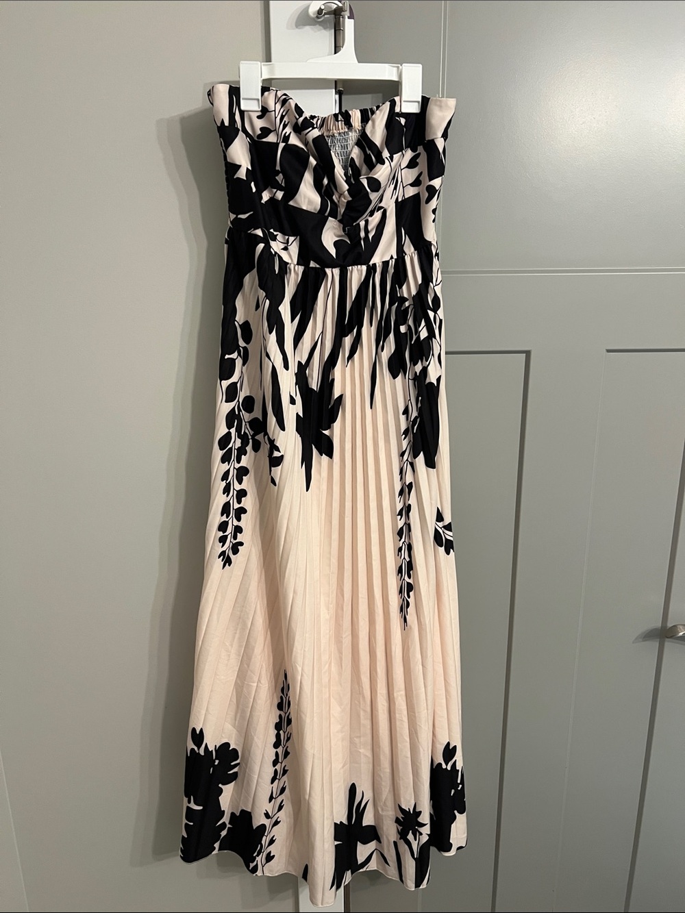 Strapless Pleated Cream Maxi Dress with Black Floral Print